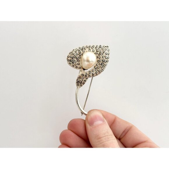 Calla Lily Art Nouveau Marcasite Sterling Vintage Faux Pearl Vintage Brooch - Picture 4 of 10